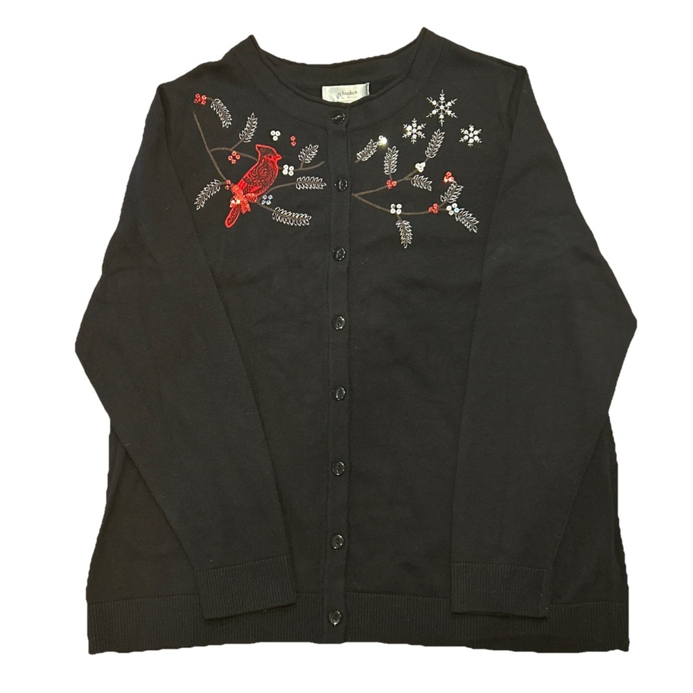 CJ Banks Black Cardigan‎ Sweater Red Bird Cardinal Silver Sequin Size X 14W NWT